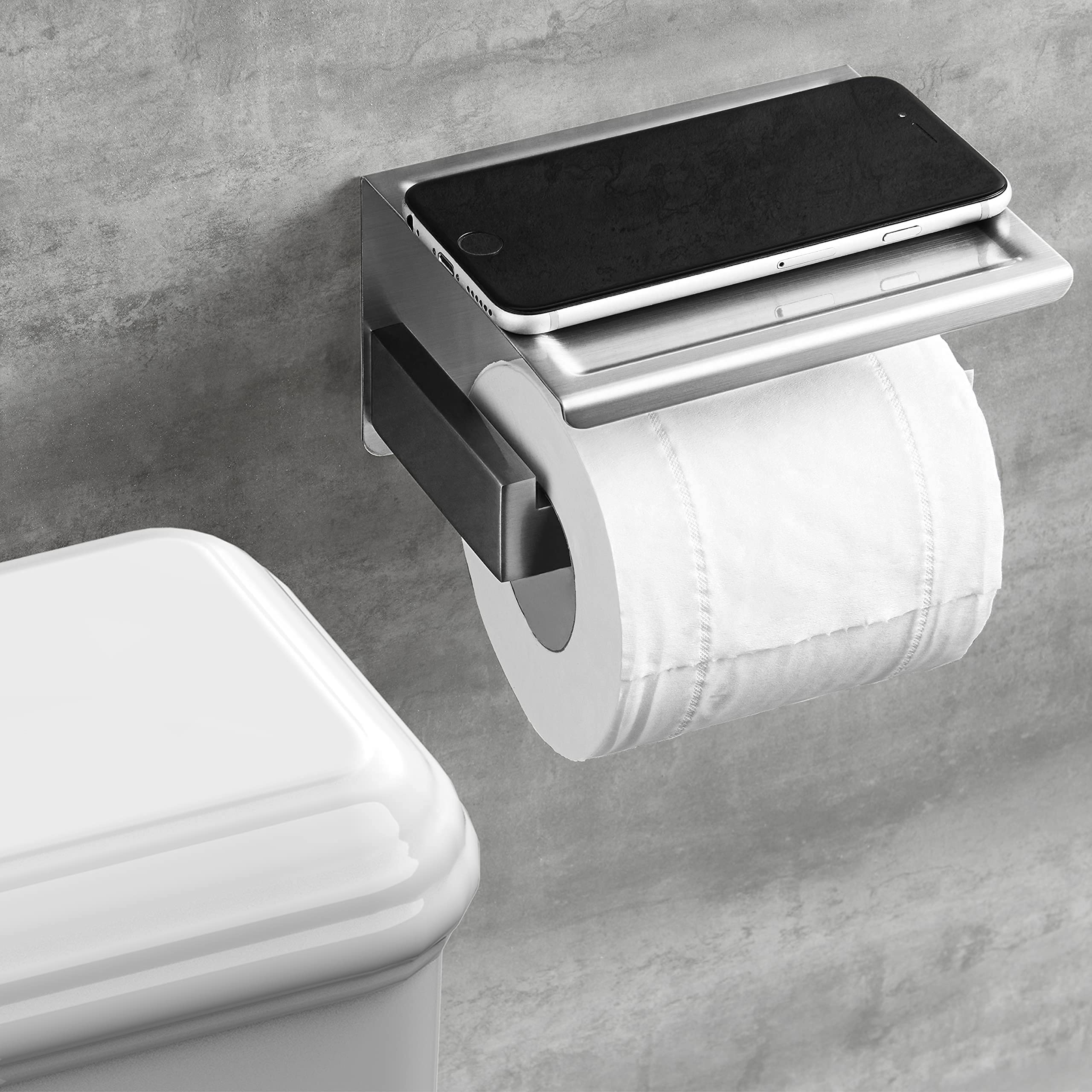 Hitslam Brushed Nickel Toilet Paper Holder, Stick On Silver Toilet Paper Holder With Shelf, Self Adhesive No Drill Or Wall-Mount